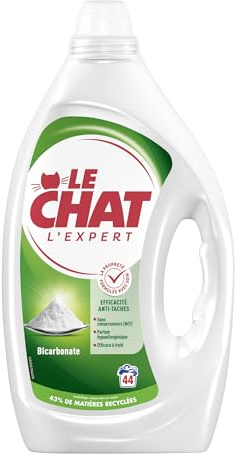 LE CHAT -L'Expert - Lessive liquide Bicarbonate -La Propreté Formulée avec Soin -Efficacité Anti-Taches -80% d'ingrédients d'origine naturelle -Parfum Hypoallergénique -Efficace à Froid -44 Lavages