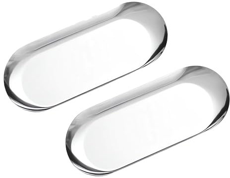 Set mit 2 Edelstahl-Speisetellern, Nudeln, Dessertteller, Salatteller, dekorative Teller, ovales Serviertablett (2 Stück, Silber, 18 x 8,5 cm)