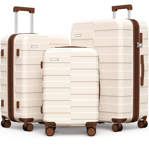 Vipbox Kofferset 3 Teilig Hartschale (3 Jahre VIP-Service) Leicht Polycarbonat Ultra-Langlebige Erweiterbar Trolley Handgepäck Reisekoffer mit Rollen und TSA Schloss, Elegantes Weiß