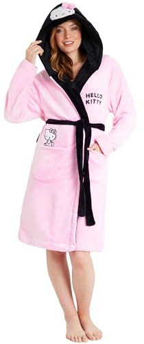 Hello Kitty Accappatoio da donna in pile con tasche con cappuccio, cravatta in vita, comoda vestaglia – Regali per lei, Rosa/nero., S