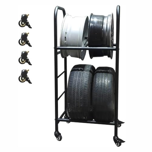 KK-GGL 2-Stufiger Reifenregal, Roll-Reifen-Lagerregal Für Garage, Metallreifenständer Mit 4 Rädern, Freistehende Heavy Duty Cat Tire/Rad Hub Display Rack, 66 * 51 * 143 cm, Schwarzes Rollreifenregal