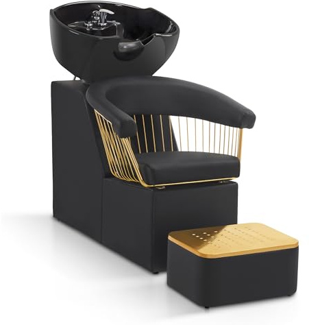 Barberpub Friseurstuhl mit Waschbecken, Friseurwaschbecken aus Keramik Verstellbar, Rückwärtswaschsessel mit Fußhocker, Friseurwaschsessel für SPA Salon, Waschplatz Retro 8037 (Gold-Schwarz/PVC)