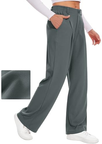 Desol Pantalones de trabajo de pierna ancha para mujer, de punto gofre, pantalones de vestir elásticos de cintura alta holgados, casuales, pantalones palazzo para mujer, color gris oscuro