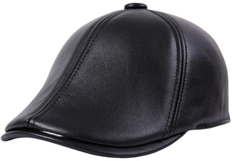 Herren-Hut mit Ohrenklappen, Leder, flache Kappe, Rindsleder, britischer Stil, warme Zeitungsjungenhüte, Schwarz , XXL