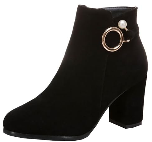 HSyc JRX Bottines en velours pour femme avec talon bloc - Bottines d'hiver courtes, Noir , 33.5 EU