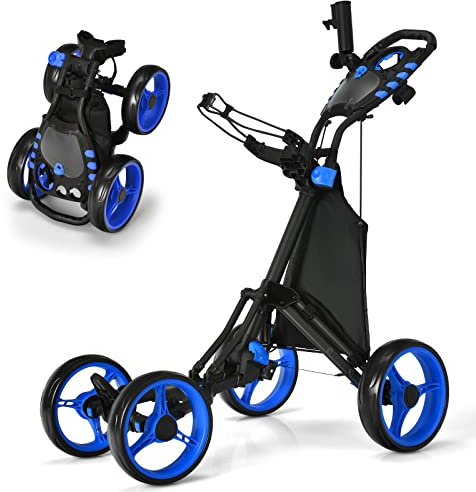 COSTWAY 4 Wheel Golf Trolley, Lightweight Folding Golfs Push Pull Cart with Adjustable Height Handle, Umbrella Stand, Cup Holder and Foot Brake