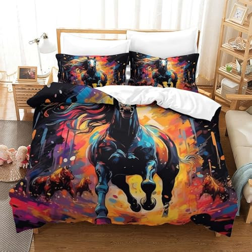 GUYDZOOM Pferd Bettbezug Bettwäsche-Sets Kinderbettwäsche-Set Reißverschluss Mit Kissenbezug Betten Set Für Jungen Und Mädchen, Kinder Single（140x200cm）