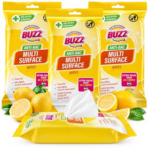 Buzz 220pk Multi Surface Wipes, Lemon Scent Household Multipurpose Cleaning Wipes for Kitchen, Bathroom & Floor, Quick & Easy Cleaning Spill Cleanup for Fresh Smelling Home & Office (4 x 55pk)