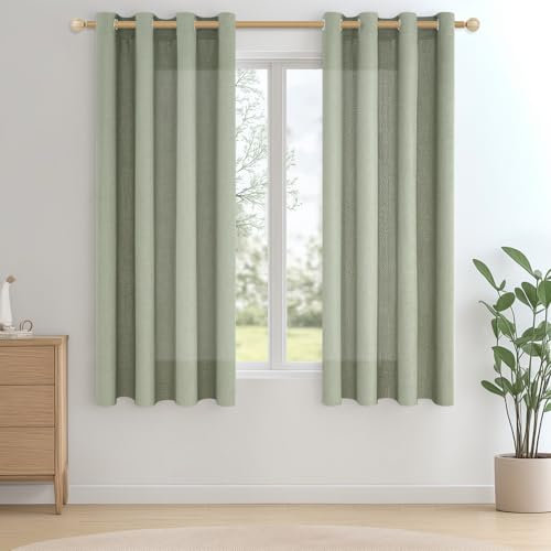 CUTEWIND Tende Verde Salvia Corte con Anelli per Interni Finestre Camera da Letto 2 Pezzi, 140x160 CM, Tenda Corta da Interno Semitrasparente Lino per Cucina Soggiorno Salotto Cameretta Bambini