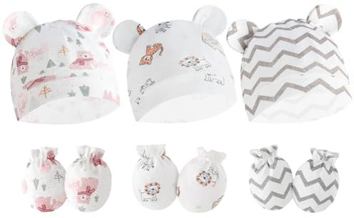 Asudaro Neugeborene Babymützen Fäustlinge,Bärenohren Säuglingsmützen Baby Baumwollhandschuhe Kratzfreie Fäustlinge für Jungen und Mädchen, (Rosa Schalbär+Zebralöwe verschiedene Tiere+Wellenstreifen)