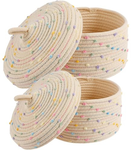 2 Stück Aufbewahrungskorb Geflochten, Aufbewahrungskorb Baumwollseil Geflochten mit Deckel Stapelbare Braided Storage Basket, Badezimmer Wickeltisch Zubehör für Kinderzimmer Wohnzimmer (Farbe, S+L)