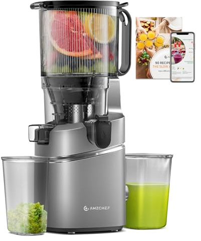 AMZCHEF Juicer Machines, 5.8 Extra Self-Feeding Cold Press Juicer for Whole Vegetable & Fruit, Juice Extractor Machine with Large Auger & Triple Strainers, Easy to Clean, High Juice Yield, Grey
