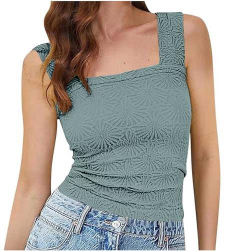 Dyhxuan Tank Top Damen Einfarbig Jacquard Crop Top Slim Fit Eckiger Ausschnitt Tanktops Sommer Breite Schultergurte Oberteile Leicht Atmungsaktive Trägertop Bluse Elegant Trägershirt für Frauen