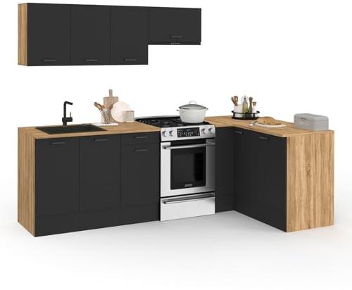 IDMarket - Cocina completa en ángulo 400 CM SUBTIL con encimera de 7 elementos en madera y negro
