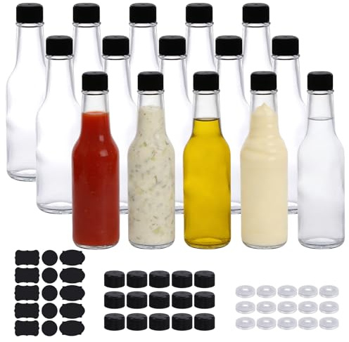 IBEQUEM Lot de 15 bouteilles de sauce chaude en verre transparent, 150 ml, avec couvercle et couvercle pour capsules thermorétractables, pour mariage et fête