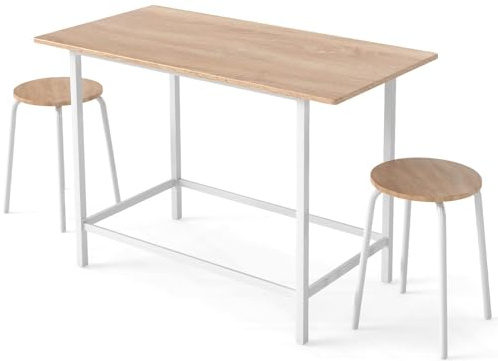 TANGZON 3 Pieces Dining Table Set, Wooden Kitchen Table and 2 Stools with Metal Legs, Space Saving Breakfast Bar Dining Furniture Set for Home Pub Bistro Restaurant
