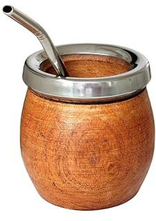Mate Tasse Argentinien, natürlich, handgefertigt aus Johannisbrotholz mit Edelstahlrand, matt, mit Glühbirne, Gourd Mate Mug, Stil Fass