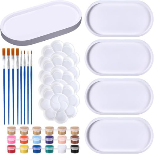 JNJOOD 4Set Jewelry Tray Ceramics to Paint Ready to Paint Your Own Ceramic Dish Holder Kit Crafts with Brush Palette for Adults