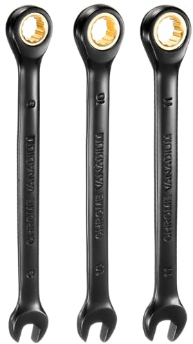 QUARKZMAN 3-teiliges Ratschenschlüssel-Set 72-Zähne CR-V Stahl 12-Punkt | 9-11mm metrischer Ringschlüssel, Kombinations-Ratschenschlüssel, vernickelter, für Befestigungselemente Mutter Bolzen