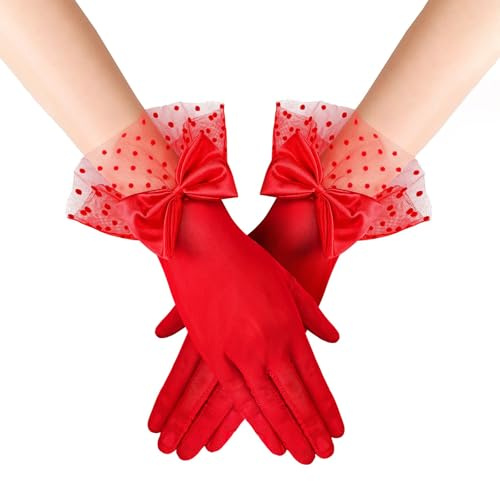 DELIMALI Women's Lace Gloves Tea Party Gloves With Sheer Bow Short Princess Opera Wedding Evening Costume Accessories (A-Red, One Size)
