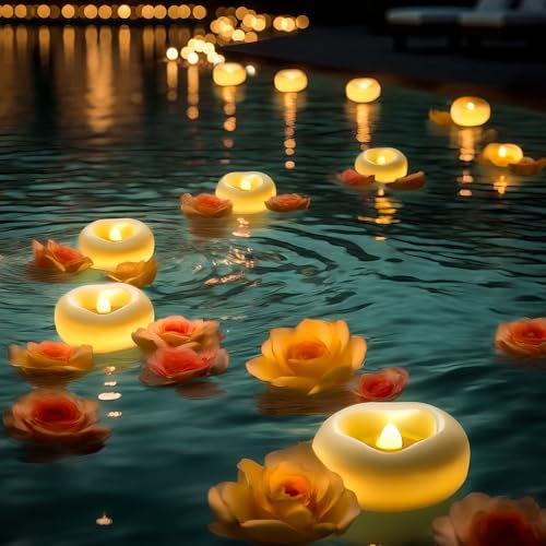 Auemaniliy-24 Stück 5,1cm LED schwimmKerze, 200 Stunden wasserdichte warmweiße batteriebetriebene schwimmende Teekerze für romantisches Hochzeitszentrum/Bad/Pool/Brunnen