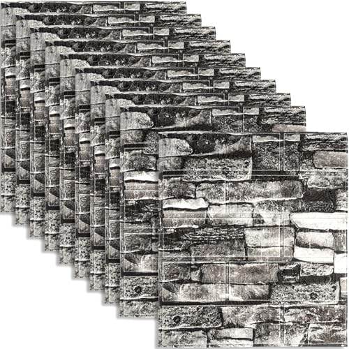 Roellgs 10Pcs 35X38cm 3D Brick Wallpaper, Faux Foam Brick Wall Panels Peel and Stick, Waterproof for Bedroom, Living Room, and Kitchen Decor (Culture Tile Grey)