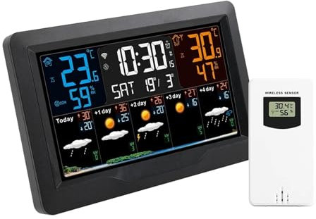 TIEOAXFT WiFi Tuya Schermo a Colori Previsioni Meteo Orologio da Parete Termometro Digitale Igrometro Registra Stazione Meteo Online Sensore di Tendenza
