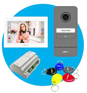CAME Kit videocitofonico monofamiliare include elegante videocitofono vivavoce XTS 7˝ a parete WIFI bianco versione per audiolesi, targa esterna LHS V/01 PLUS, alimentatore e 5 tag di prossimità