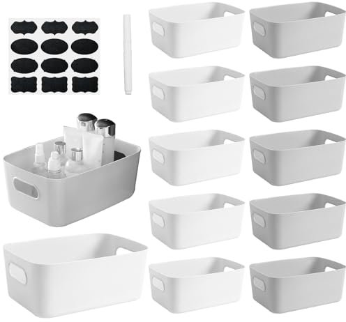 zgpzlhd 12Pcs Boîte Rangement Plastique 20 x 14 x 6.5 cm Paniers et Boîtes de Rangement Cuisine Petit Panier avec Poignée Empilable Bac Rangement Placard Étroit pour Salle de Bain Bureau Étagère