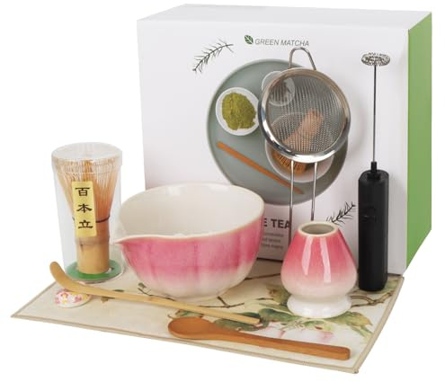 hzuisst Matcha Set Rosa, 9 Stück Matcha Tee Set mit 100 Zinken Matcha Besen, Keramik Schneebesenhalter, Matcha Schüssel, Schaufel, Löffel, Sieb, Schaufelständer, Teetuch, Elektrischer Quirl