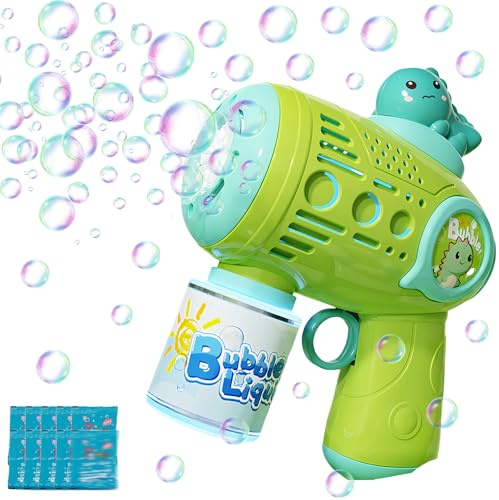 Machines à Bulles de Savon,Dinosaure Vert T-Rex Pistolet a Bulles LED avec 10x10ml Concentré à Bulles pour Enfants de 4 à 8 Ans Jouet Cadeau pour des Fêtes,Jouet d'été,extérieure intérieure,Mariage