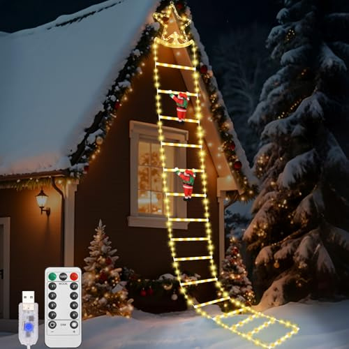 Lewondr Weihnachtsbeleuchtung Außen LED Leiter Lichterkette, 3M Weihnachtsbeleuchtung Fenster mit 2 Weihnachtsmännern,8 Modi Fernbedienung, 298 LED Innenbereich Wand Weihnachtsbaumdekoration, Warmweiß