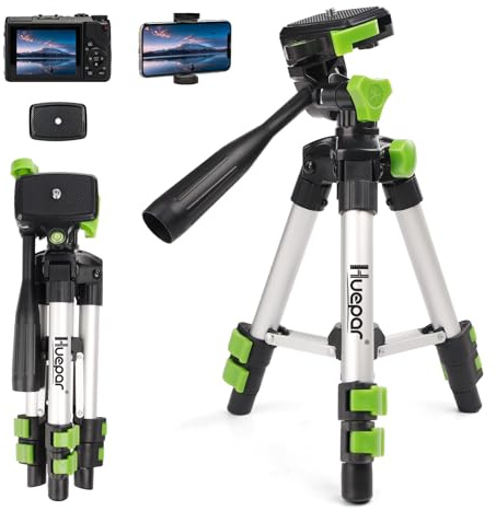Huepar Trépied Léger en Aluminium 50cm,Trépied Portable Réglable-TPD05A | pour Niveau Laser&Phone, avec Niveau à Bulle 3 Voies, Plateau à Dégagement Rapide (Vis 1/4-20),Support Phone Inclus