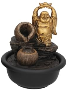 Fuente Decorativa Zen con Buda, 16x16x19 cm, Cascada Interior con Diseño Oriental, Dorado y Marrón