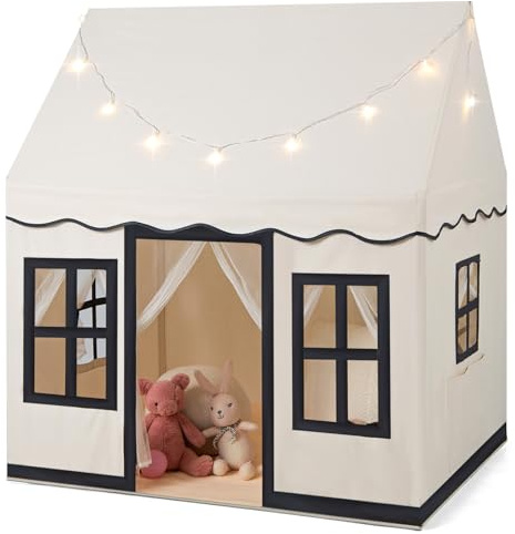 HOMASIS Tienda de Campaña Infantil de Algodón, Casa de Juegos Infantil con Luces de Estrellas y Bolsa y Alfombrilla de Transporte, para niños y niñas, 121x101x137cm (Beige+Negro, sin Alfombrilla)