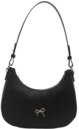 Kalttoy Delikate PU-Leder-Schultertasche mit Schleifen-Dekor-Details Reise-Arbeit-Unterarm-Taschen für Einkäufe und soziale Zusammenkünfte Kleine ästhetische Tasche, Schwarz , One Size