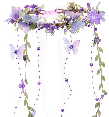 MOSTORY Feen Blumenkranz Elfe Haarschmuck für Frauen Waldfee Kostüm Damen, Lila Elfen Kopfschmuck Elfenkrone mit Schmetterling für Karneval Cosplay Accessoires