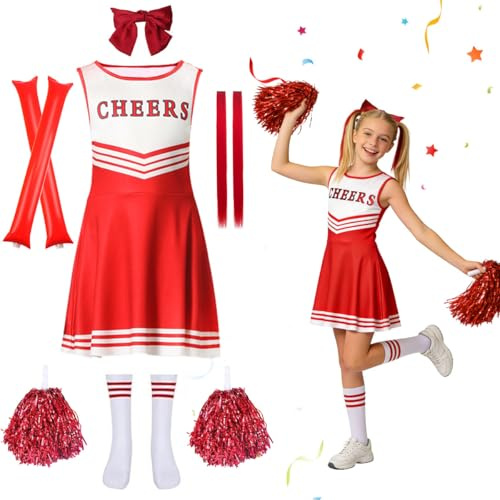 LGZIN Cheerleader Kostüm Kinder, Cheerleadering Outfit Mädchen, Cheerleading Uniform Kleid Rot, Kinder Cheer Outfit mit Pompoms Socken und Kopfschmuck für Karneval Fasching Mottoparty