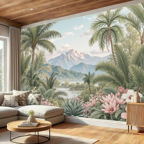 DLERFLOVR Papel Pintado Panorámico Plantas Y Flores Tropicales 250x175cm Fotomurales Montañas De La Selva XXL Papel Tapiz Seda Decoración De Pared para Comedores, Salones, Habitaciones, Verde Salvia