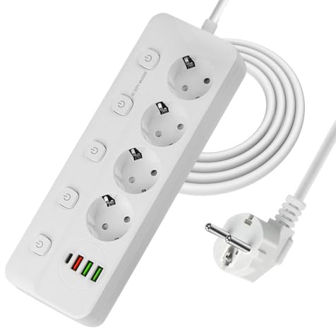 Nzkeuf Steckdosenleiste Einzeln Schaltbar, 4 Fach Steckdosenleiste mit 3 USB & 1 Type C, Mehrfachsteckdose Wandmontage mit 2M Verlängerungskabel, 2500W Steckerleiste mit Schalter für Zuhause, Büro