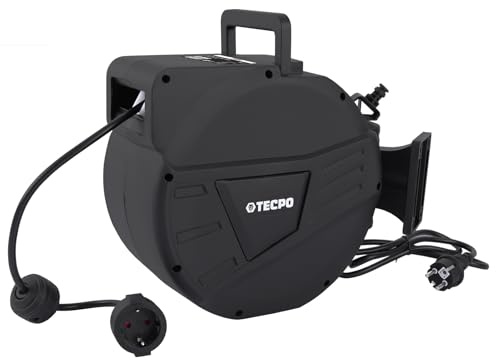 TECPO Automatik Kabeltrommel 10 + 1,5 Meter Verlängerungskabel IP20 Kabelaufroller 180° Grad schwenkbar mit integrieter Stoppfunktion Wandmontage knickfestes Hybridkabel