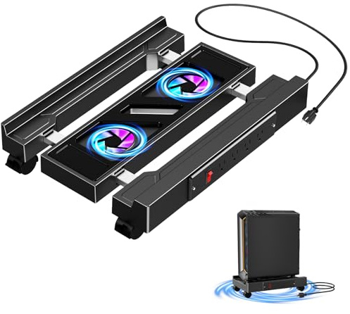 Adjustable CPU Holder with Charging Station and Cooling Fan with RGB Light,Mobile CPU Holder with 4 Rolling Casters, Under Desk CPU Bracket PC Floor Cart PC Riser for Office, Home (Socket with Fan)