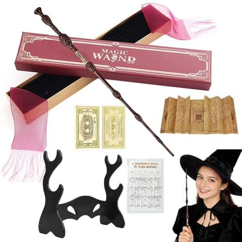 Dumbledore Baguette magique Dumbledore de 35 cm fabriquée à la main, noyau en résine d'acier dans un coffret cadeau avec tableau des sorts, ticket de station, carte et support