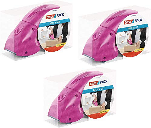 tesapack Abroller Pack' n' Go - Ergonomischer, pinker Handabroller für Paketbänder - Inklusive 50 m x 48 mm Klebeband (3 Abroller)