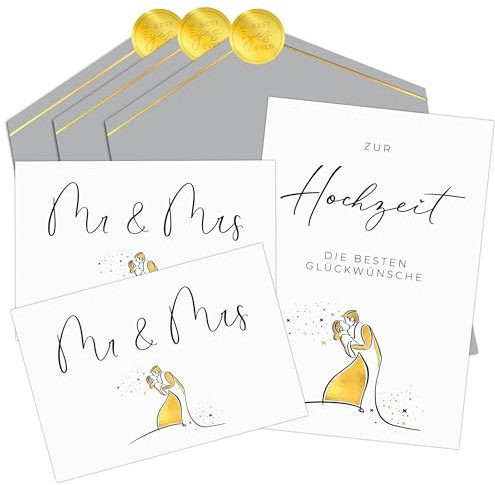 Joli Coon 3 Hochzeitskarten nach Wahl, Klappkarte, mit Kuvert, zur Hochzeit | 400g strukturiertes Designerpapier, Goldveredelung, Platz für persönliche Worte, Premium-Papeterie, für Brautpaar