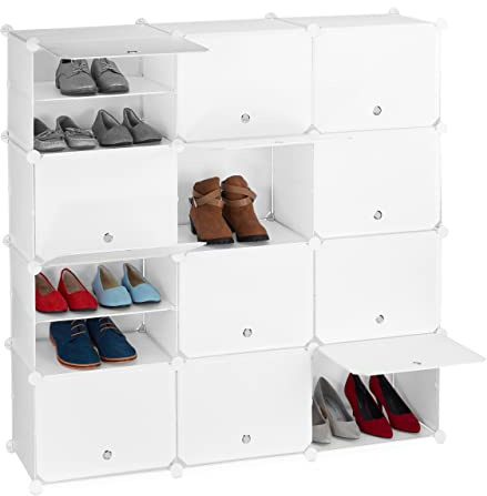 Relaxdays Mueble Zapatero Modular, Armario Organizador Zapatos con Puertas, Estantería Cubo 12 Cajones, Plástico, Blanco