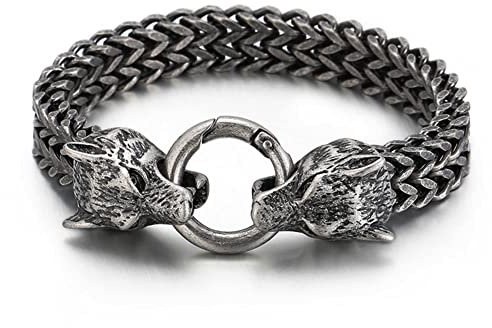PBTMCD Geri und Freki Wolf Armreif, massiver Edelstahl Punk Biker Curb Weave Handgelenk Kette Armreif Byzantinischer Herren Arm Ring Fenrir Wikinger Amulett Schmuck,Vintage,22cm