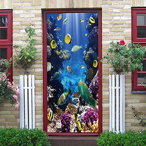 CBWRAW Türtapete Türposter Foto 3D Türaufkleber Für Wohnzimmer Erwachsene Schlafzimmer Badezimmer Blaue Tierfische PVC Abnehmbare Selbstklebende wasserdichte Wandbild Dekoration 77x200cm
