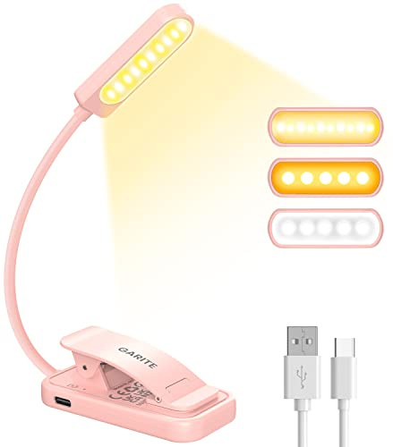 GARITE Leselampe Buch Klemme, 10 LED Buchlampe mit Stufenloser Dimmung, 3 Farbmodi (Warm/Weiß/Warmweiß), USB-C Wiederaufladbare Klemmlampe, Faltbare Leselampe für Nachtlesen, Buch, Bett, Büro, Reisen