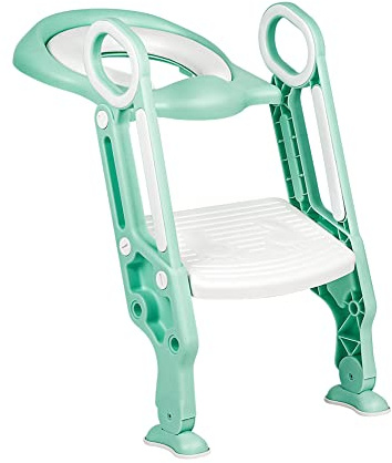 Riduttore WC per Bambini con Scaletta, Scaletta WC per Bambini, Pedali Stabili e Antiscivolo e Morbido Cuscino in Poliuretano, Portatile Pieghevole Vasino Sedia con Scaletta-Bianco + verde chiaro